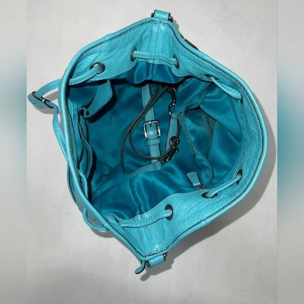 COACH Designer Blue AVERY LEATHER Drawstring Bucket Bag Purse Handbag